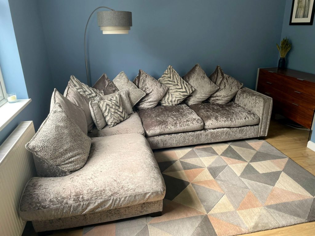 3 Year Old DFS Crushed Velvet Grey L Shape Sofa Used The Used