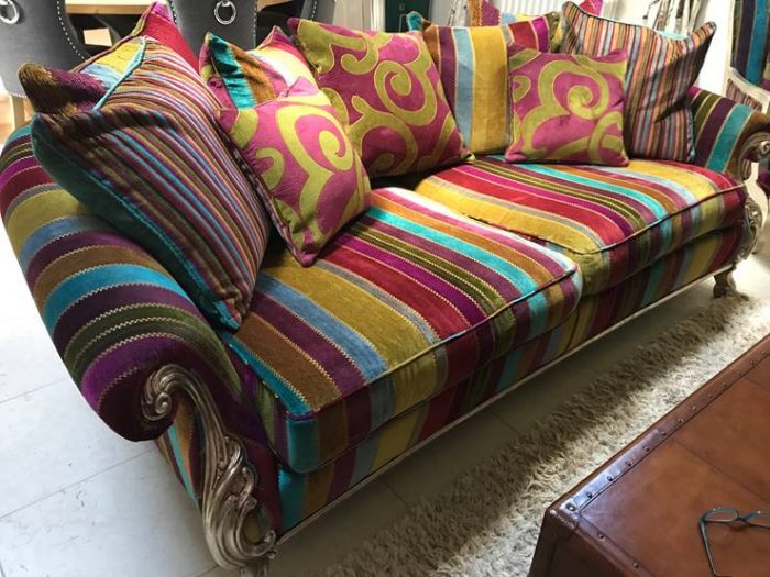 Bespoke Duresta Wolfgang Rolled Arm Sofa in lavish Striped fabric with